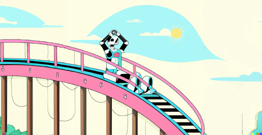 AI depiction of a robot on a rollercoaster