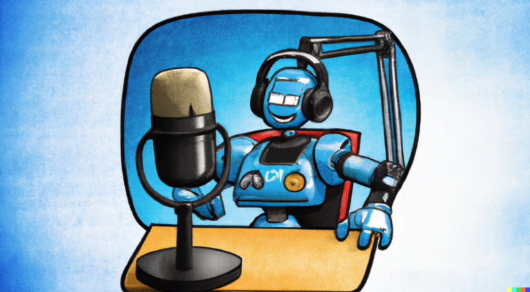 AI Robot talking on a podcast